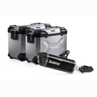 TRAX ADV aluminum case system silver + Akrapovic. BMW R 1250 GS 1G13 (K50) (18-22).